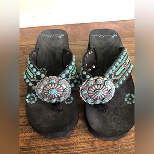 MONTANA WEST Wedge Flip Flop Sz 7 Western Bling Aztec Turquoise Blue Concho